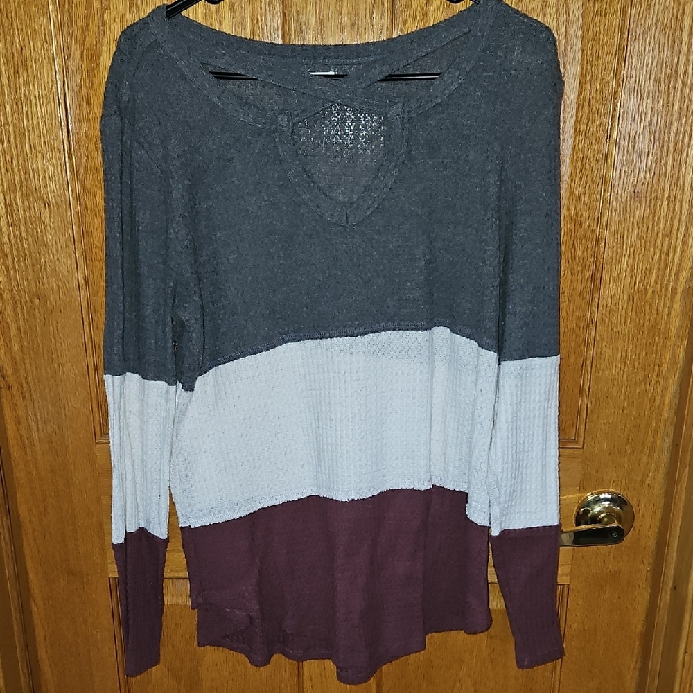 Colorblock Long Sleeve Top - Gray, White, and Brown/Maroon